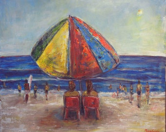 Original Beach Painting on Canvas Colorful Art 36x30 by BenWill