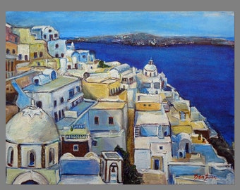 Painting of Fira Santarini GREECE White Blue Ocean Impressionistic Art 24x18 by BenWill