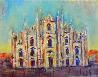 Colorful Original Painting Cathedral Fine Art on Canvas, MILAN ITALY 20x16 by BenWill