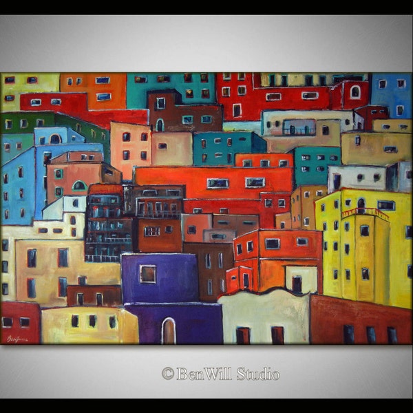 Abstract Painting COLORFUL Art Original Modern Art HOUSES Mexican Art on Canvas - Fine Art by BenWill