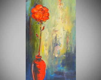 ORIGINAL Painting Rose and Vase Modern Artwork 24x12 Real and Expressive artwork by BenWill