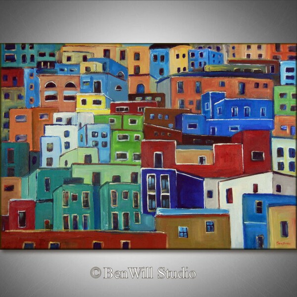 LARGE COLORFUL Painting Original Modern Wall Art - Large Oil Painting on Canvas - HOUSES 40x28 by BenWill