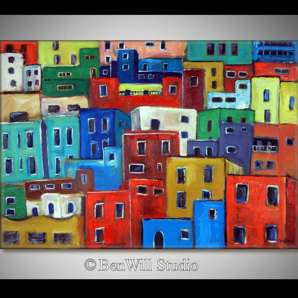 Guanajuato Houses LARGE Abstract Painting COLORFUL Original Modern Painting HOUSES Mexican Art 40x28 by BenWill