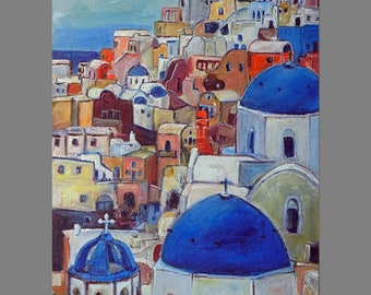 Painting of Fira Santarini GREECE II White Blue Ocean Impressionistic Art 24x18 by BenWill