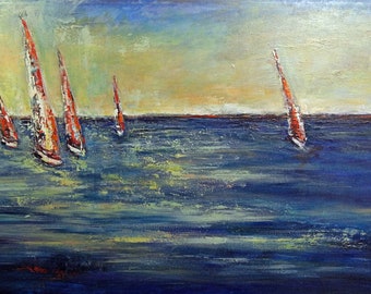 ORIGINAL Painting Sailboat Regatta Art Ocean Seascape Art Painting 74x36 by BenWill