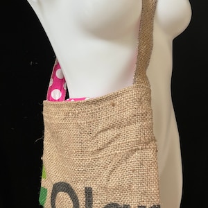 Upcycled Burlap coffee bean sack shoulder bag with pink polka dot lining