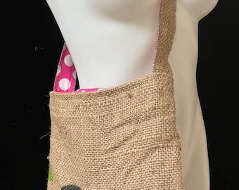 Upcycled Burlap coffee bean sack shoulder bag with pink polka dot lining