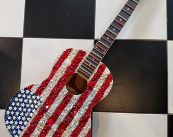 Jeweled American Flag Guitar Art, Rhinestone Wall Hanging, Nashville Decor