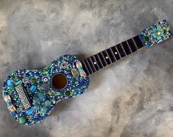Jewel Encrusted Ukulele, One of a Kind Wall Art, Gift for Musician, Blues and greens