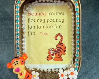 Famous cartoon tiger! Pooh’s friend-altar, shrine, tribute tin, Nicho. Multi media assemblage.