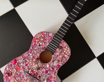 Pink Jewel Encrusted Guitar Wall Art, Upcycled Music Decor