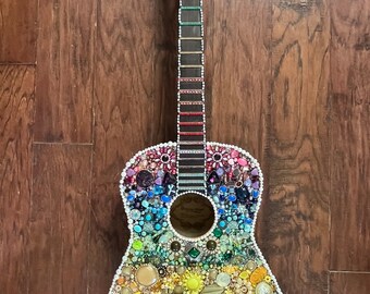 Jewel Encrusted Guitar Wall Art, Rainbow, musician, upcycled