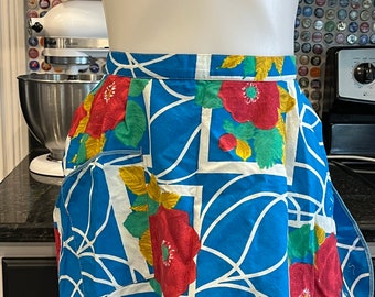 Vintage apron blue, red, green and gold, floral with pocket