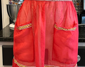 Sweet, sheer, gauzy, red and gold vintage apron