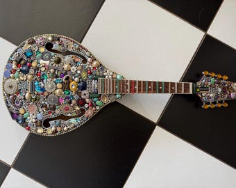 Jewel Encrusted Mandolin Art, Vintage Rhinestone Wall Decor, Musician Gift