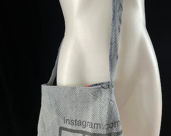 Upcycled Coffee bean sack crossbody bag-Denim, NOT burlap! Lined with colorful floral cotton.