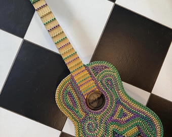 Mardi Gras Beaded Guitar Wall Art, Fleur de Lis Decor