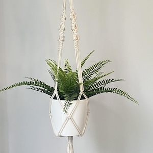 May include: A white ceramic plant pot holding a green fern, suspended by a cream macrame plant hanger. The macrame has knotted details and a tassel. The hanger is attached to a metal hook, ideal for indoor decor.