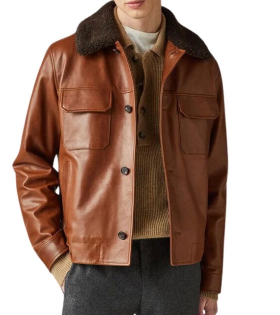 Mens Brown Leather Jacket With Shearling Collar - Etsy