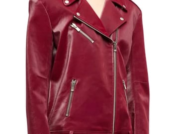 Maroon Biker Real Leather Jacket For Women