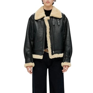 Black Raf Aviator Faux Fur Shearling B3 Bomber Leather Jacket For Women&#39;s