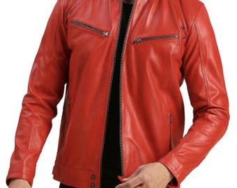 Men's Red Leather Jacket with Zippered Pockets and Snap Button Collar
