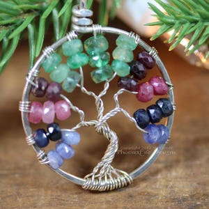 Tricolor Blue Sapphire Ruby Emerald Tree of Life Pendant Multicolor Gemstone Sterling Silver Wire Wrapped Jewelry Eco friendly recycled image 1