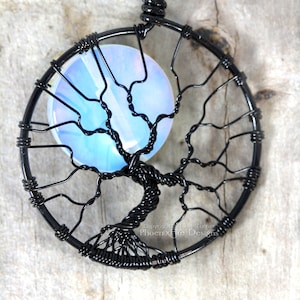 Celestial Jewelry Rainbow Moonstone Full Moon Tree of Life Pendant Black Wire Wrapped Jewelry Opalite Moonstone Jewelry Lunar Necklace Gift