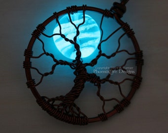 Blue Glow in the Dark Full Moon Tree of Life Pendant Glowing Jewelry Teal Blue Moon Glow Necklace Brown Wire Wrapped Handmade Black Light UV