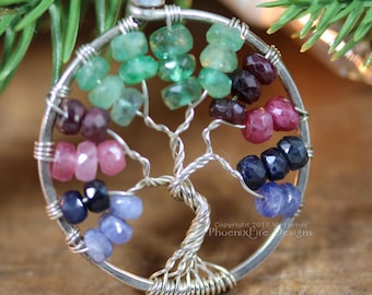 Tricolor Blue Sapphire Ruby Emerald Tree of Life Pendant Multicolor Gemstone Sterling Silver Wire Wrapped Jewelry Eco friendly recycled