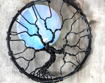 Celestial Jewelry Rainbow Moonstone Full Moon Tree of Life Pendant Black Wire Wrapped Jewelry Opalite Moonstone Jewelry Lunar Necklace Gift