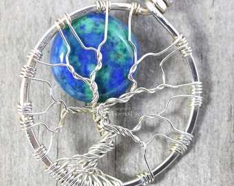 Azurite Malachite Full Moon Tree of Life Pendant Eco Friendly Recycled Argentium Sterling Silver Necklace Celestial Wire Wrapped Jewelry