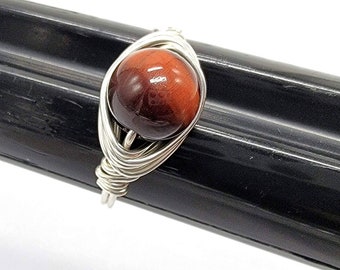 Sterling Silver Red Tiger Eye Ring Wire Wrapped Silver Red Tiger's Eye Ring Silver 925 Natural Mahogany Red Tiger Eye Beads AAA Quality