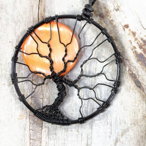 Halloween Full Moon Tree of Life Pendant Spooky Tree Wire Wrapped Jewelry Black Wire Orange Harvest Moon Necklace Gothic PhoenixFire Designs image 1