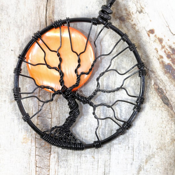 Halloween Full Moon Tree of Life Pendant Spooky Tree Wire Wrapped Jewelry Black Wire Orange Harvest Moon Necklace Gothic PhoenixFire Designs
