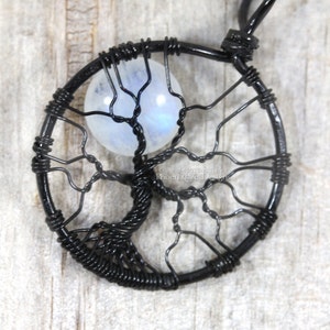 Rainbow Moonstone Jewelry Full Moon Tree of Life Necklace Black Wire Wrapped Pendant Gemstone Necklace Celestial Jewelry Lunar Necklace image 1