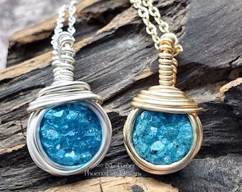 YOUR CHOICE Silver or Gold Aqua Blue Druzy Necklace Natural Drusy Pendant Layering Necklace Crystal Wire Wrapped Bridesmaid Gift For Her