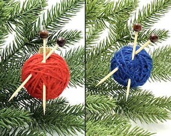 Yarn Ball Ornament, Christmas Tree, Gift Idea for Knitters, Handmade Decoration, Miniature Knitting Needles, Holiday Decor,  Knitting Gift