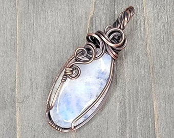 Rainbow Moonstone Swirly Copper Wire Wrapped Pendant Necklace | Blue Flash Moonstone Copper Healing | Multicolor Gemstone | Ready to Ship