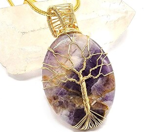 Amethyst Gold Baum des Lebens Anhänger Draht eingewickelt Halskette Hundezähne Amethyst DogTooth Lila Edelstein große ovale Kristallheilung