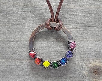 Rainbow Pride Copper Necklace Unisex Hammered Copper LGBTQIA+ Pride Flag Crystal Jewelry Adjustable Leather Cord for Him or Her