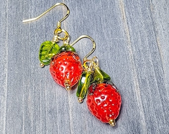 Strawberry Earrings 14k Gold Vermeil Cute Kawaii Strawberry Fruit Earrings Green Leaves Cottagecore Whimsical Strawberry Jewelry Plant Lover