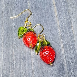 Strawberry Earrings 14k Gold Vermeil Cute Kawaii Strawberry Fruit Earrings Green Leaves Cottagecore Whimsical Strawberry Jewelry Plant Lover image 1