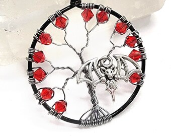 Bat Charm Tree Necklace Gothic Halloween Red Crystal Tree of Life Pendant with Silver Goth Bat Charm Black Wire Wrap Gunmetal Jewelry Spooky