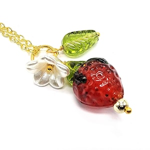 Strawberry Necklace, Strawberry Blossom Fruit Jewelry, Cute Gold Strawberry Lampwork, Cute Kawaii Food Jewelry, Cottagecore, Gift for Her
