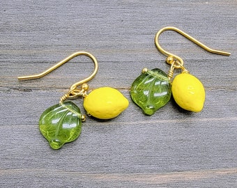 Lemon Earrings 14k Gold Plated Hooks Cute Yellow Fruit Earrings Green Leaves Cottagecore Whimsical Summer Lemon Jewelry Plant Lover