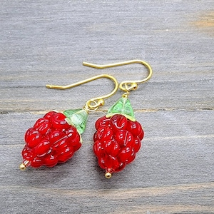Raspberry Earrings 14k Gold Plated Cute Kawaii Raspberry Fruit Earrings Green Leaves Cottagecore Whimsical Raspberry Jewelry Plant Lover