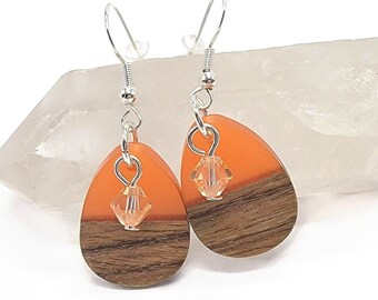 Orange Wood Resin Austrian Crystal Earrings Sterling Silver Mid Century Modern Style MCM Minimalist Lightweight Earrings Teardrop Dangle