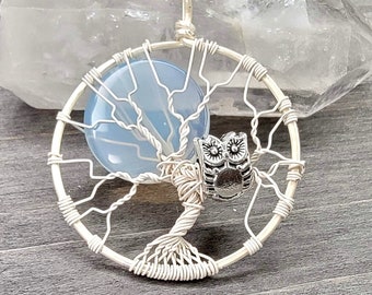 Snowy Owl Tree of Life Pendant Opalite Full Moon Necklace Silver White Winter Wire Wrapped Tree Moonstone Jewelry by PhoenixFire Designs