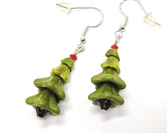 Christmas Tree Earrings Miniature Xmas Trees Christmas Earrings Whimsical Holiday Jewelry Czech Glass Austrian Crystal Sterling Silver